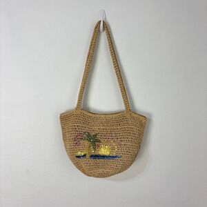 Woven Straw Tote Bag Tropical Beachy Embroidery Purse Vacation Resort Boho Women